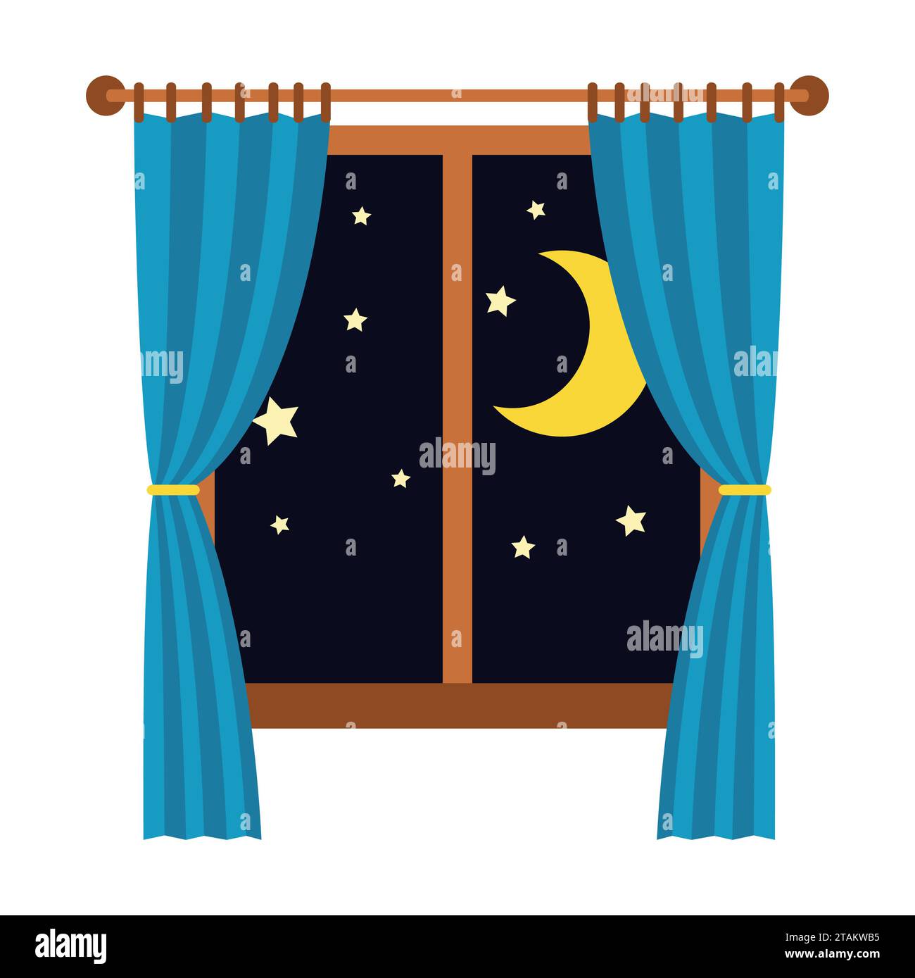 Notte fuori dalla finestra con tende blu isolate su sfondo bianco. Illustrazione del vettore di sospensione e riposo Illustrazione Vettoriale