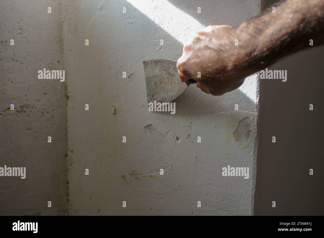 Prima del pennello: Mano con guanti utilizzando la spatola per preparare la superficie della parete Foto Stock