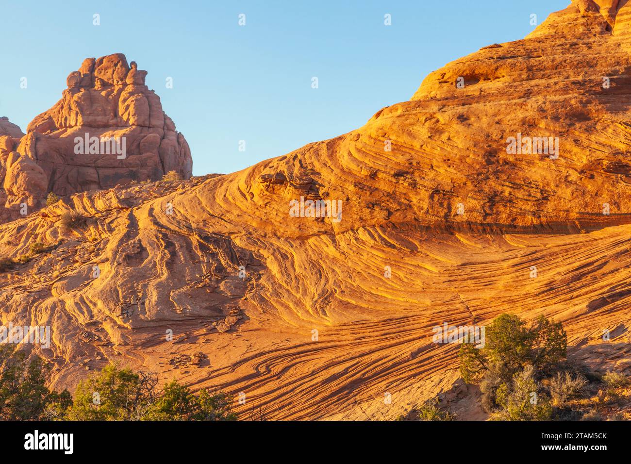 Arenaria formazioni rocciose nella luce della sera in Arches National Park nello Utah. Foto Stock