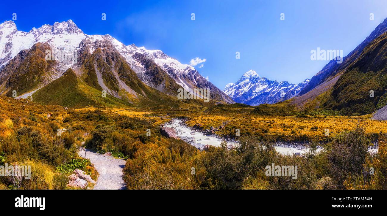 Fiume Hooker nella panoramica valle alpina di montagna sul Monte Cook della nuova Zelanda. Foto Stock