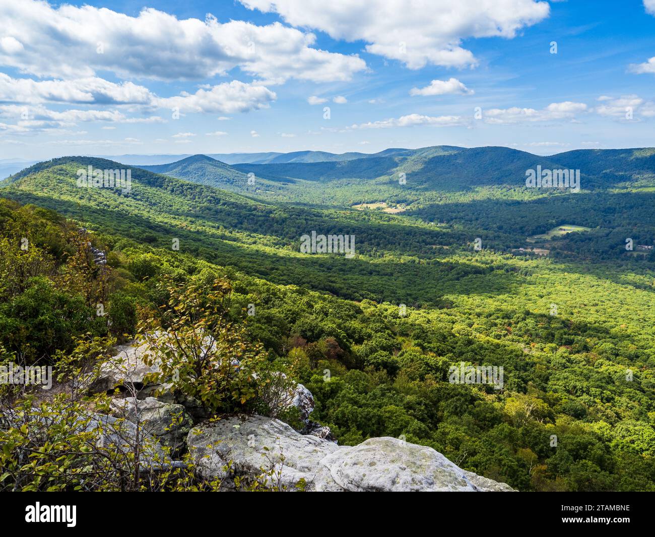 La bellezza selvaggia della natura selvaggia si rivela, mostrando montagne boscose sullo sfondo di rocce in primo piano lungo il Big Schloss V. Foto Stock