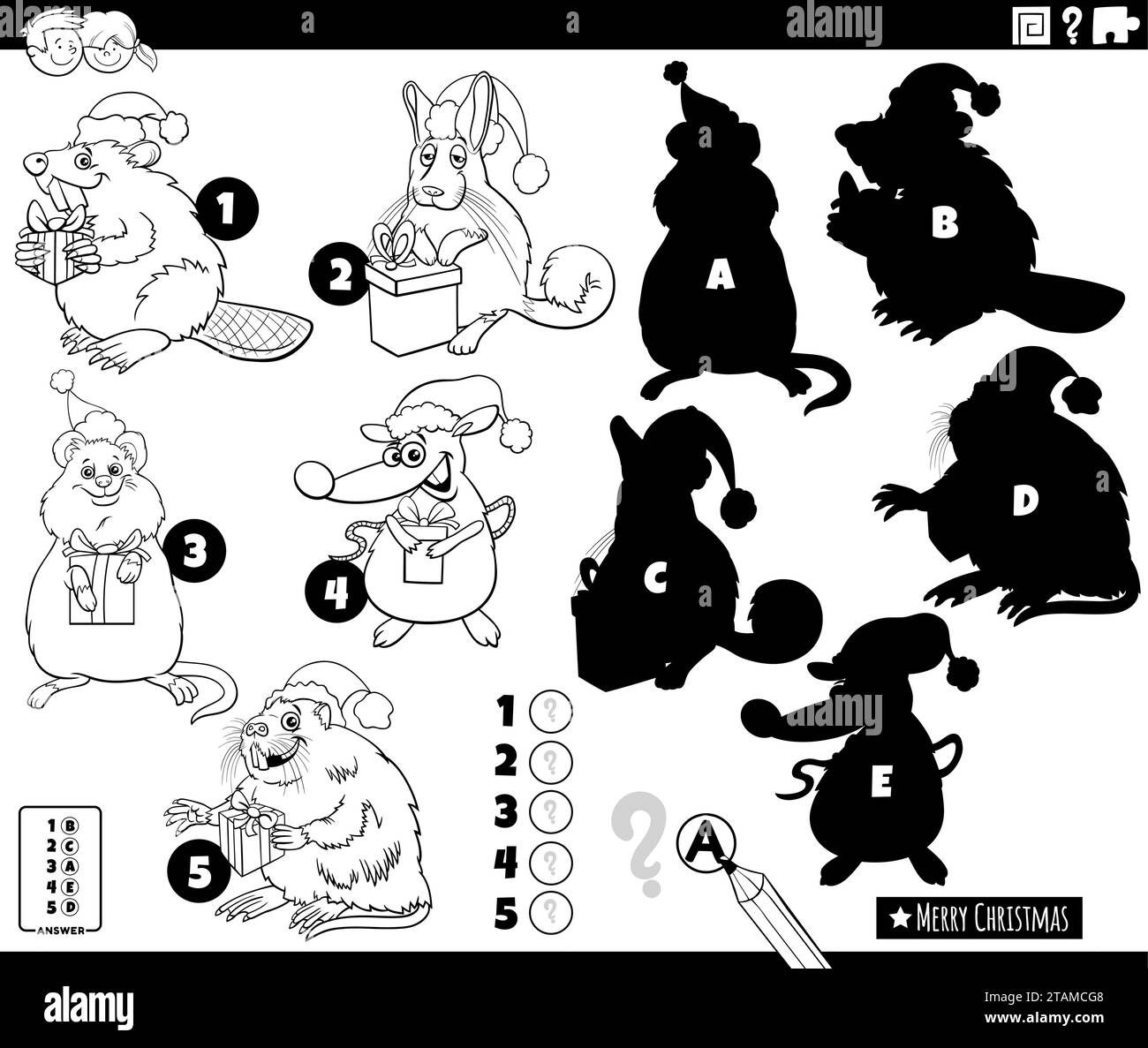 Illustrazione di cartoni animati che mostra come trovare le ombre giuste per il gioco educativo di immagini con personaggi di animali comici sulla pagina da colorare Natale Illustrazione Vettoriale
