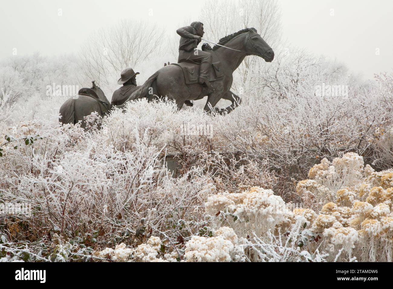 National Pony Express monumento statua, questo è il luogo Heritage Park, Pony Express National Historic Trail, Salt Lake City, Utah Foto Stock