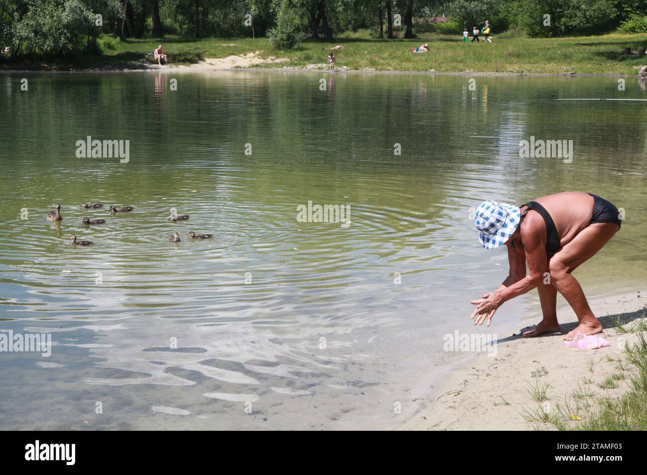 Donna caucasica anziana con cappello di protezione solare che si lava le mani nel lago Blu a Kiev dopo aver dato da mangiare a una famiglia di anatre vicino alla riva una bella giornata nel giugno 2016 Foto Stock