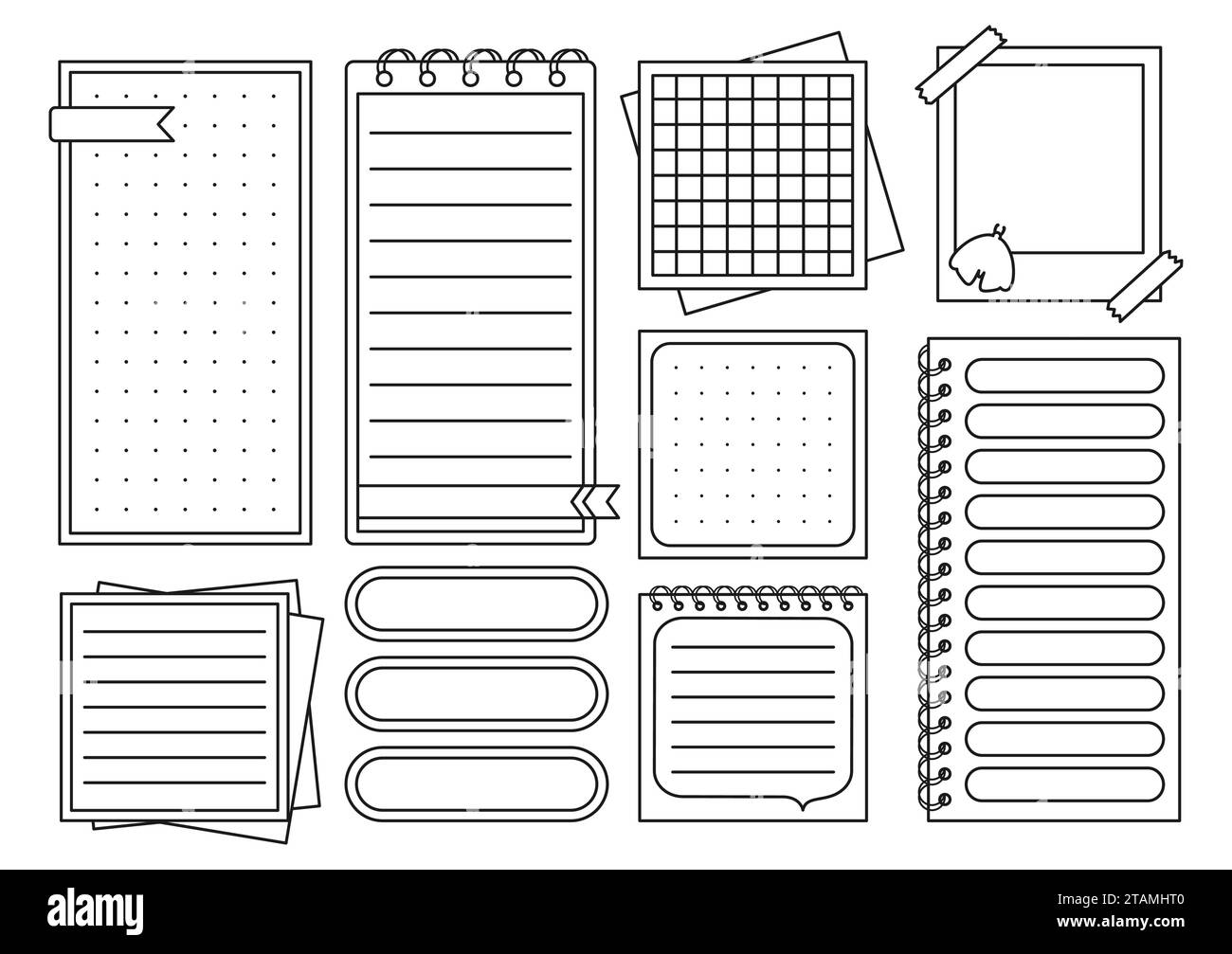 Set di contorni per pagina, segnalibro e adesivi. Elementi di cancelleria per la pianificazione. Pianificatore bianco settimanale giornaliero, carta per la lista di controllo delle note, raccolta di pagine di modelli adesivi. Illustrazione vettoriale isolata Illustrazione Vettoriale