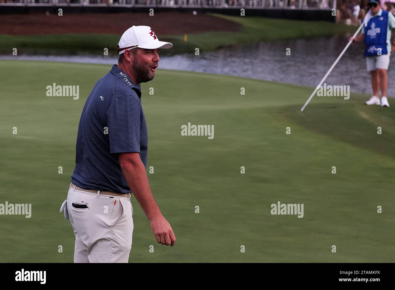 Sydney, Australia, 1 dicembre 2023. Marc Leishman mostra emozioni dopo aver fatto un putt sulla 18a buca durante il secondo round dell'Australian Open Golf all'Australian Golf Club il 1 dicembre 2023 a Sydney, Australia. Credito: Damian Briggs/Speed Media/Alamy Live News Foto Stock