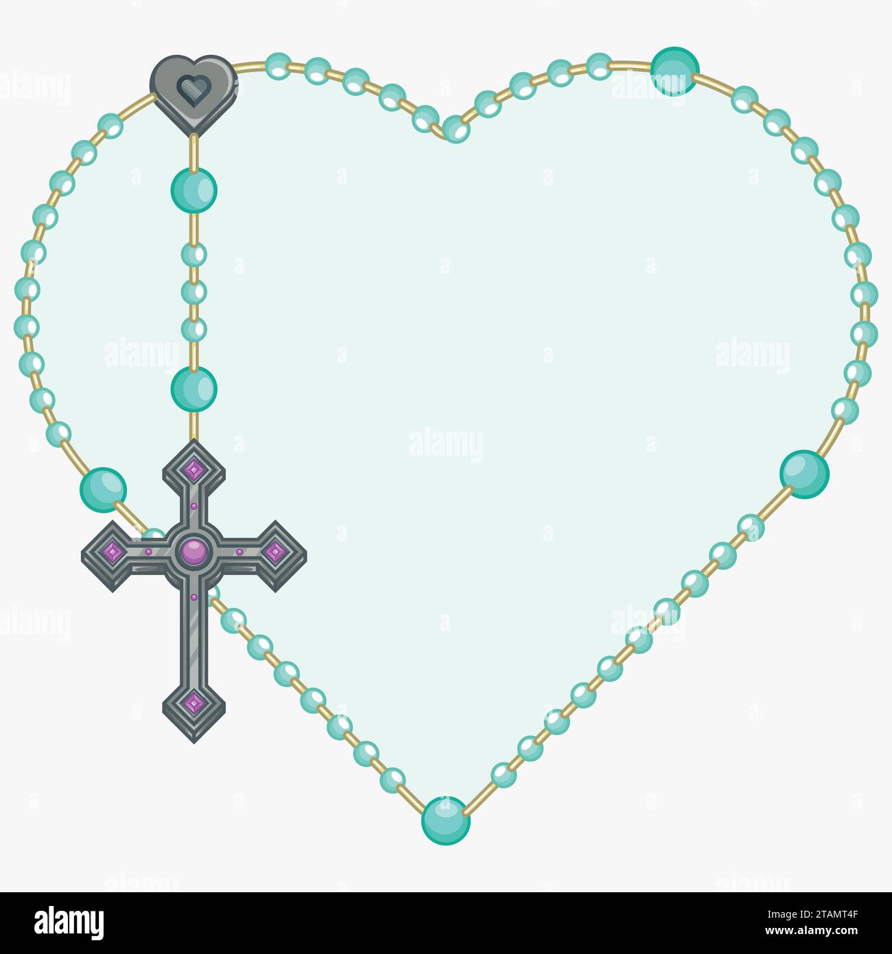 Design vettoriale del rosario a forma di cuore, rosario con croce cristiana, simbolo della religione cattolica Illustrazione Vettoriale