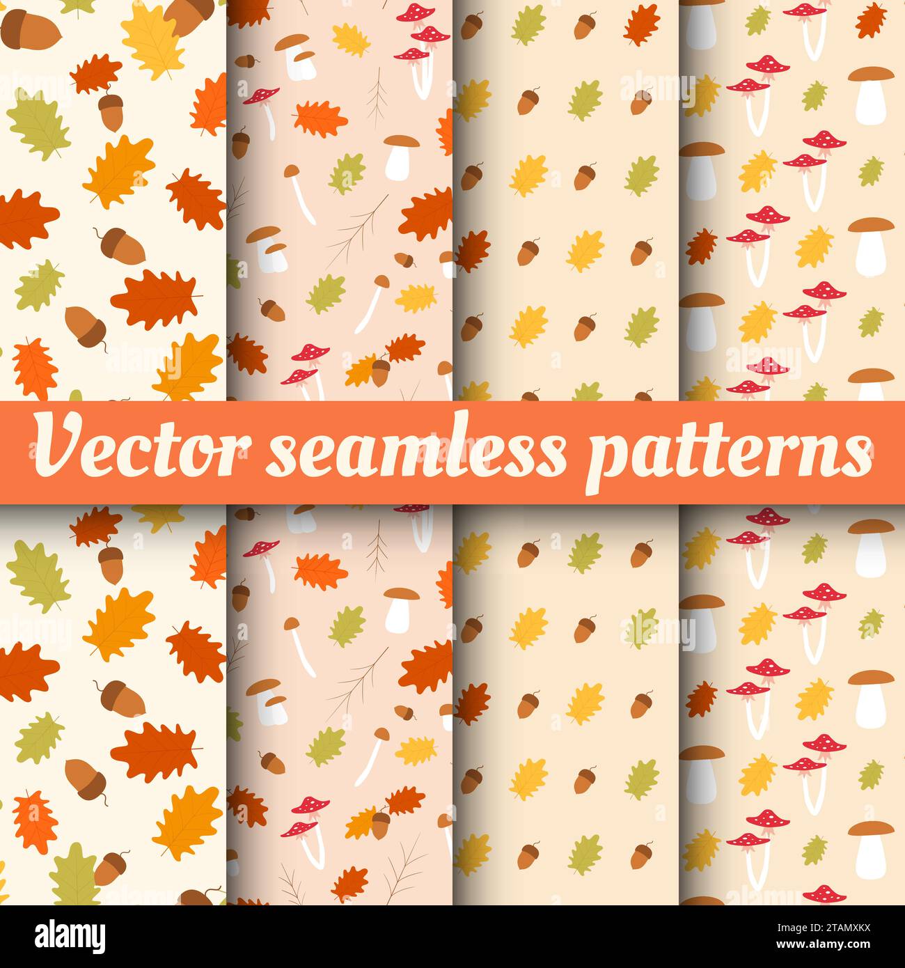 Una collezione di motivi autunnali senza cuciture con foglie e ghiande Illustrazione Vettoriale