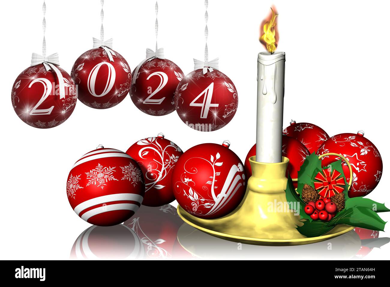 Illustrazione 3D. Capodanno 2024. Capodanno 2024 in numeri e con decorazioni natalizie. Palle dell'albero di Natale Foto Stock