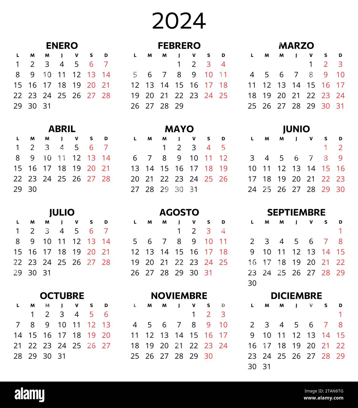 Calendario 2024 para imprimir español immagini e fotografie stock ad