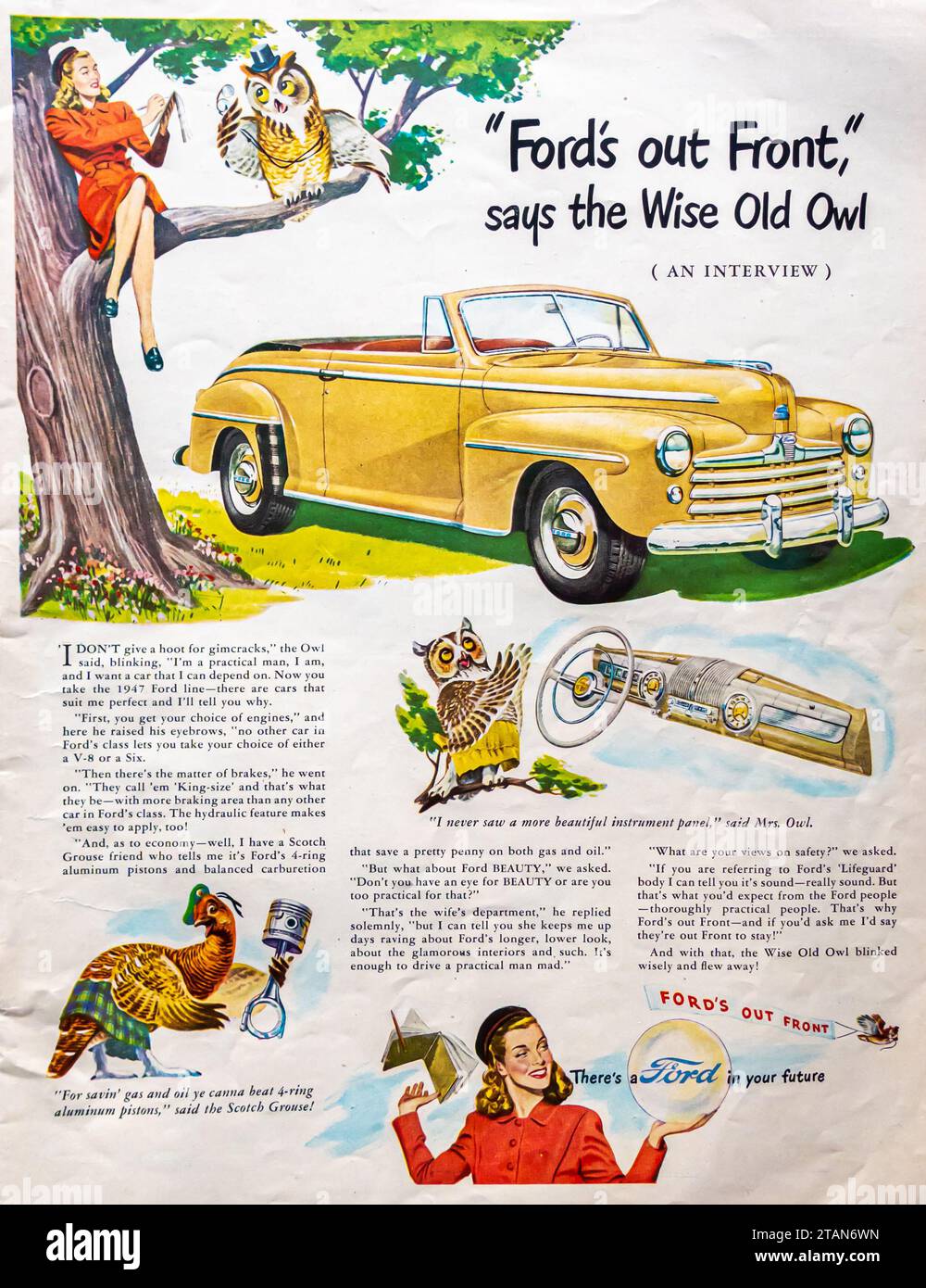 1947 Ford ad. Ford e' fuori. Dice il saggio vecchio gufo." Foto Stock