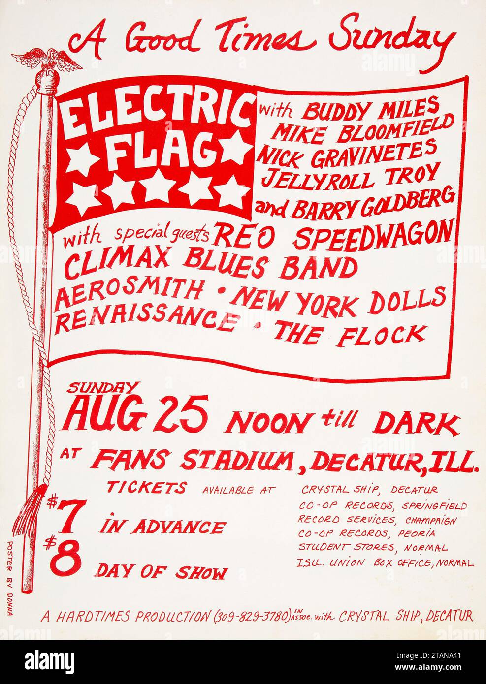 Electric Flag - Aerosmith, Buddy Miles, Mike Bloomfield, Reo Speedwagon, Climax Blues Band, New York Dolls ecc. 1974 Fans Stadium, Decatur, Illinois - poster dei concerti rock d'epoca Foto Stock