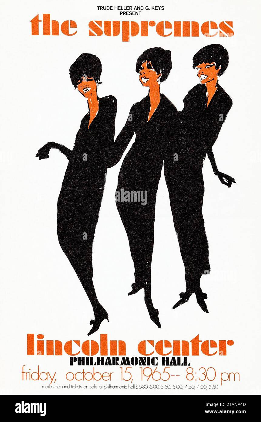 Handbill - Flyer for the Supremes (con Diana Ross) alla Philharmonic Hall al Lincoln Center nel 1965. Illustrazione di Joe EULA. Foto Stock