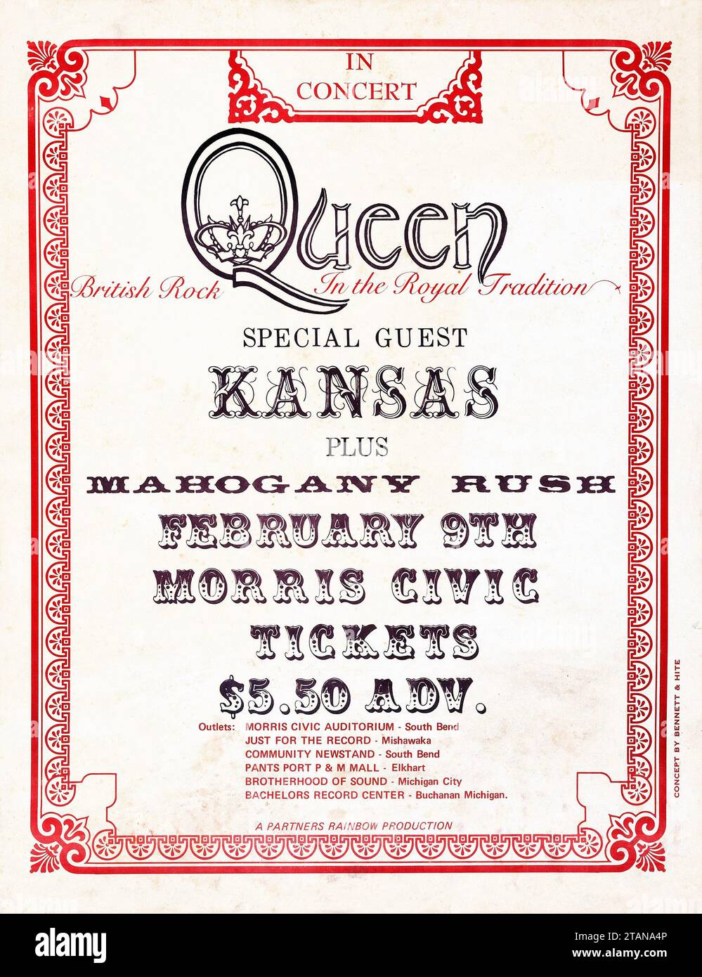 Queen, British Rock in the Royal Tradition - ospite speciale Kansas and Mahogany Rush - 1975 South Bend, in Concert poster, Morris Civic Foto Stock