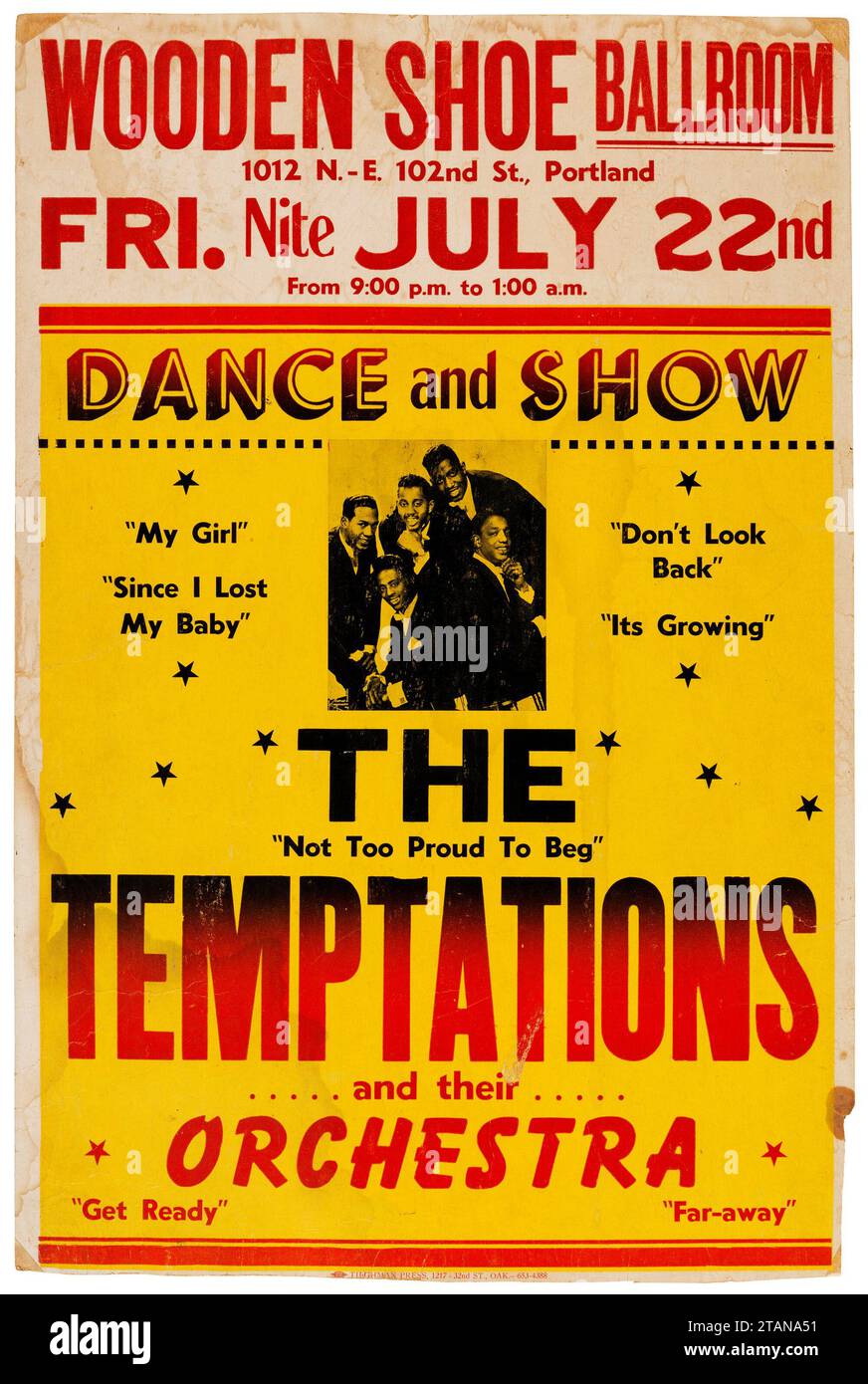 The Temptations at Wooden Shoe Ballroom - poster da concerto d'epoca (1966) Foto Stock