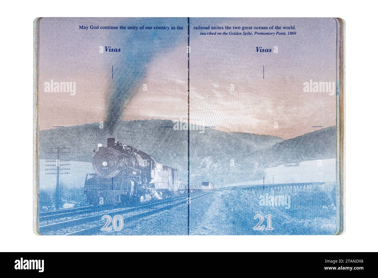 Manila, Filippine, 4 dicembre 2023 pagine 20 e 21 del nuovo passaporto americano senza timbri di visto isolati su fondo bianco Foto Stock