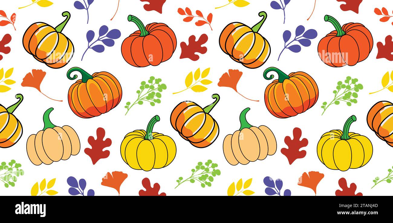 Zucca con varie combinazioni di foglie autunnali design del modello per il ringraziamento, banner, poster, messaggi di saluto, copertina, ecc. Illustrazione Vettoriale