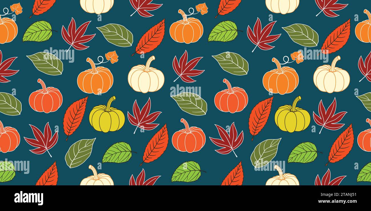 Zucca con varie combinazioni di foglie autunnali design del modello per il ringraziamento, banner, poster, messaggi di saluto, copertina, ecc. Illustrazione Vettoriale