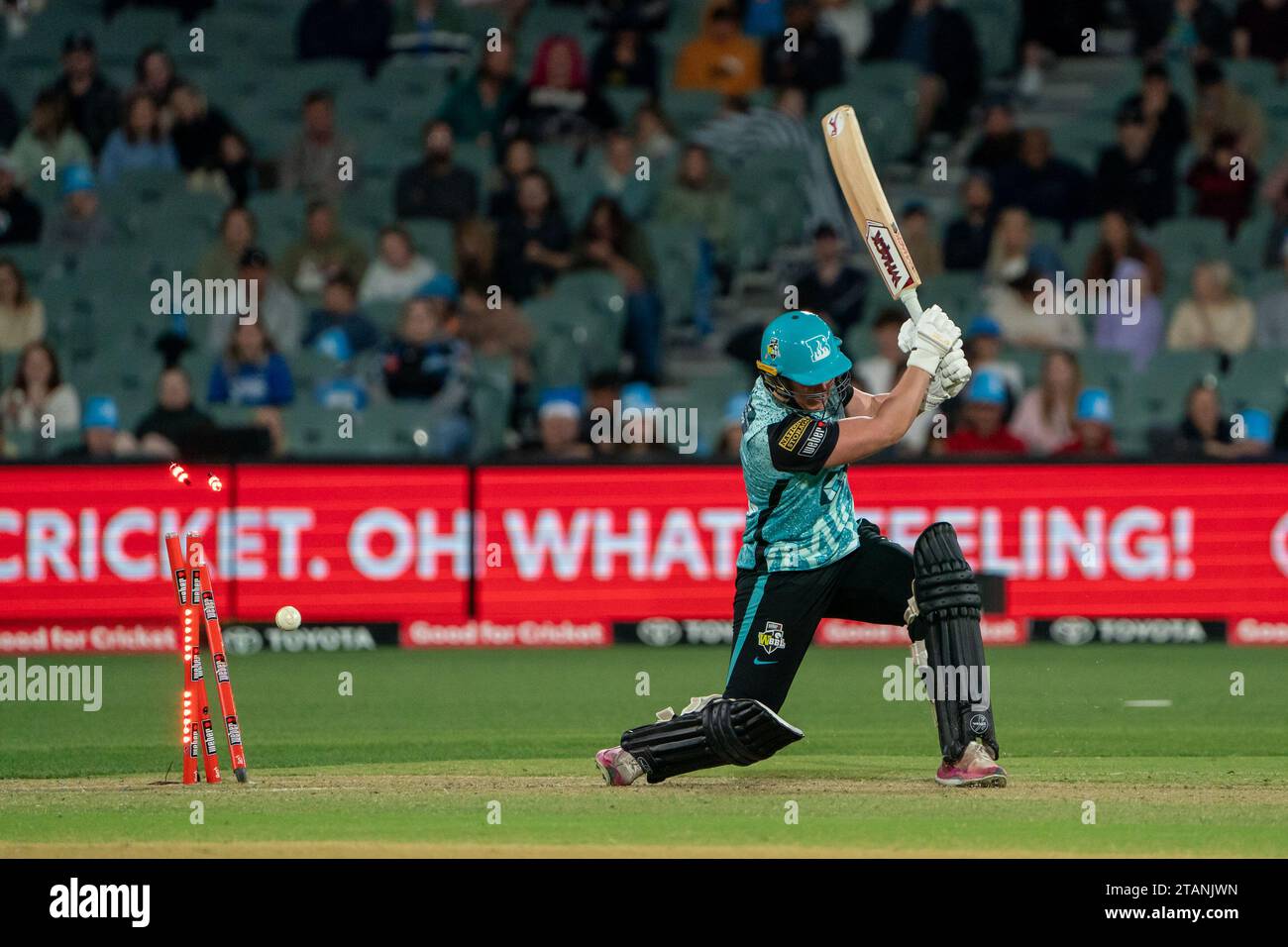 Adelaide, Australia. 2 dicembre 2023. Adelaide, Australia, 2 dicembre 2023: Laura Harris (4 Brisbane Heat) è pulita durante la partita della finale della Weber Womens Big Bash League 09 tra Adelaide Strikers e Brisbane Heat all'Adelaide Oval di Adelaide, Australia (Noe Llamas/SPP) credito: SPP Sport Press Photo. /Alamy Live News Foto Stock