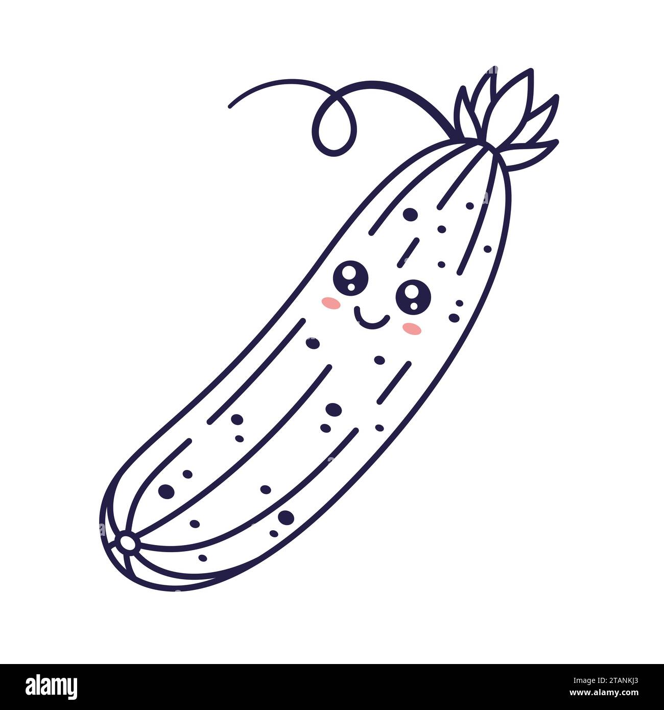 Carino cartone animato Kawaii cetriolo illustrazione per bambini. Illustrazione grafica del contorno di alimenti e verdure. Personaggio cetriolo, mascotte in stile Doodle. Kids Colorin Illustrazione Vettoriale