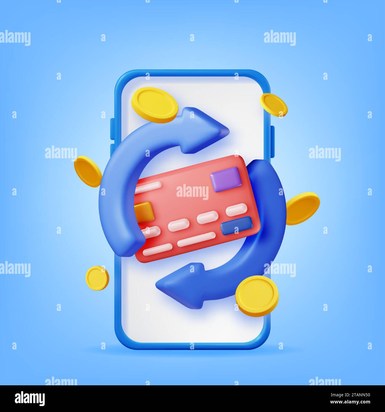 Freccia 3D con carta bancaria e monete d'oro nel telefono Illustrazione Vettoriale