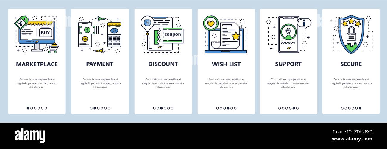 Modelli vettoriali per schermate di inserimento di siti Web e app mobili di marketplace Illustrazione Vettoriale