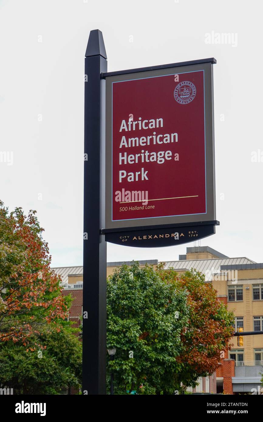 Cartello per l'African American Heritage Park, Alexandria, Virginia, USA. Foto Stock