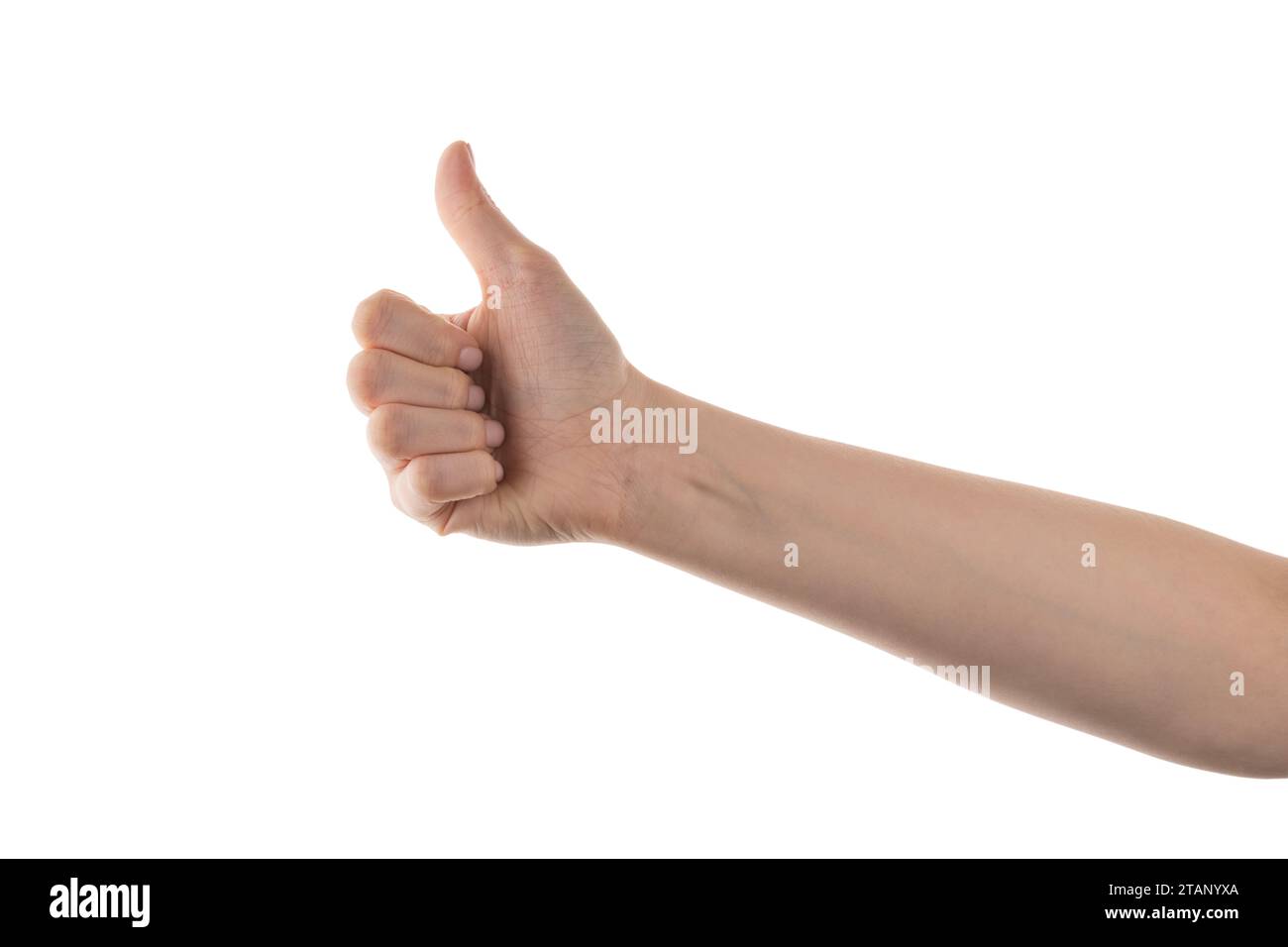 La mano destra della giovane donna mostra il movimento del pollice isolato su sfondo bianco Foto Stock