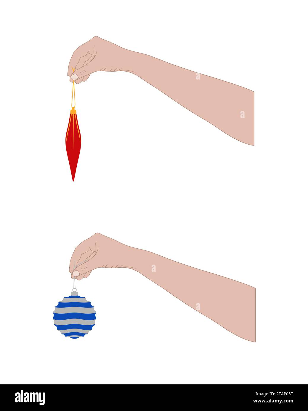 Immagine di mani ravvicinate che tengono in mano ornamenti di palline di Natale isolate su bianco Foto Stock