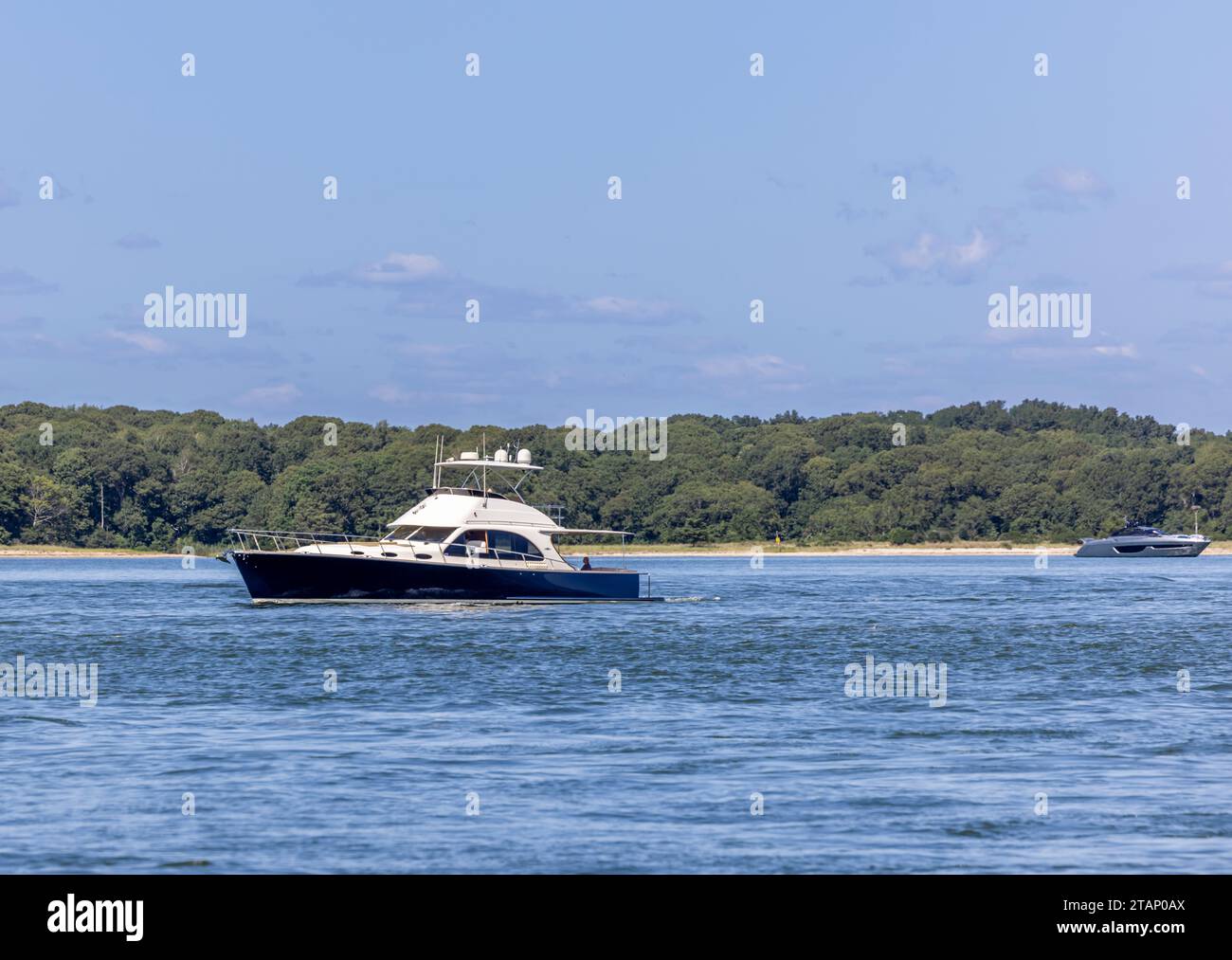 due costosi yacht a motore al largo della costa di shelter island, new york Foto Stock