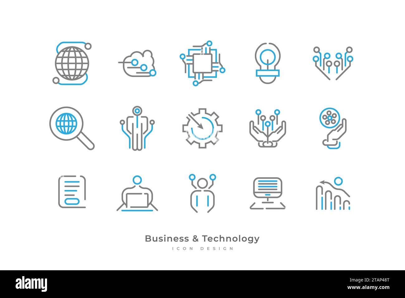 Set di icone aziendali e tecnologiche con stile linea semplice. Contiene computer, connessione, dati cloud, Microchip e altro ancora Illustrazione Vettoriale