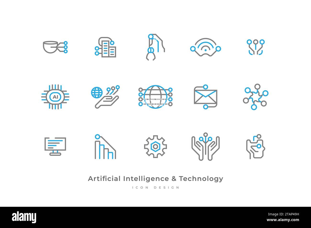 Set di icone di intelligenza artificiale e tecnologia con stile linea semplice. Contiene computer, connessione, rete, dati, scheda a circuito stampato e altro ancora Illustrazione Vettoriale
