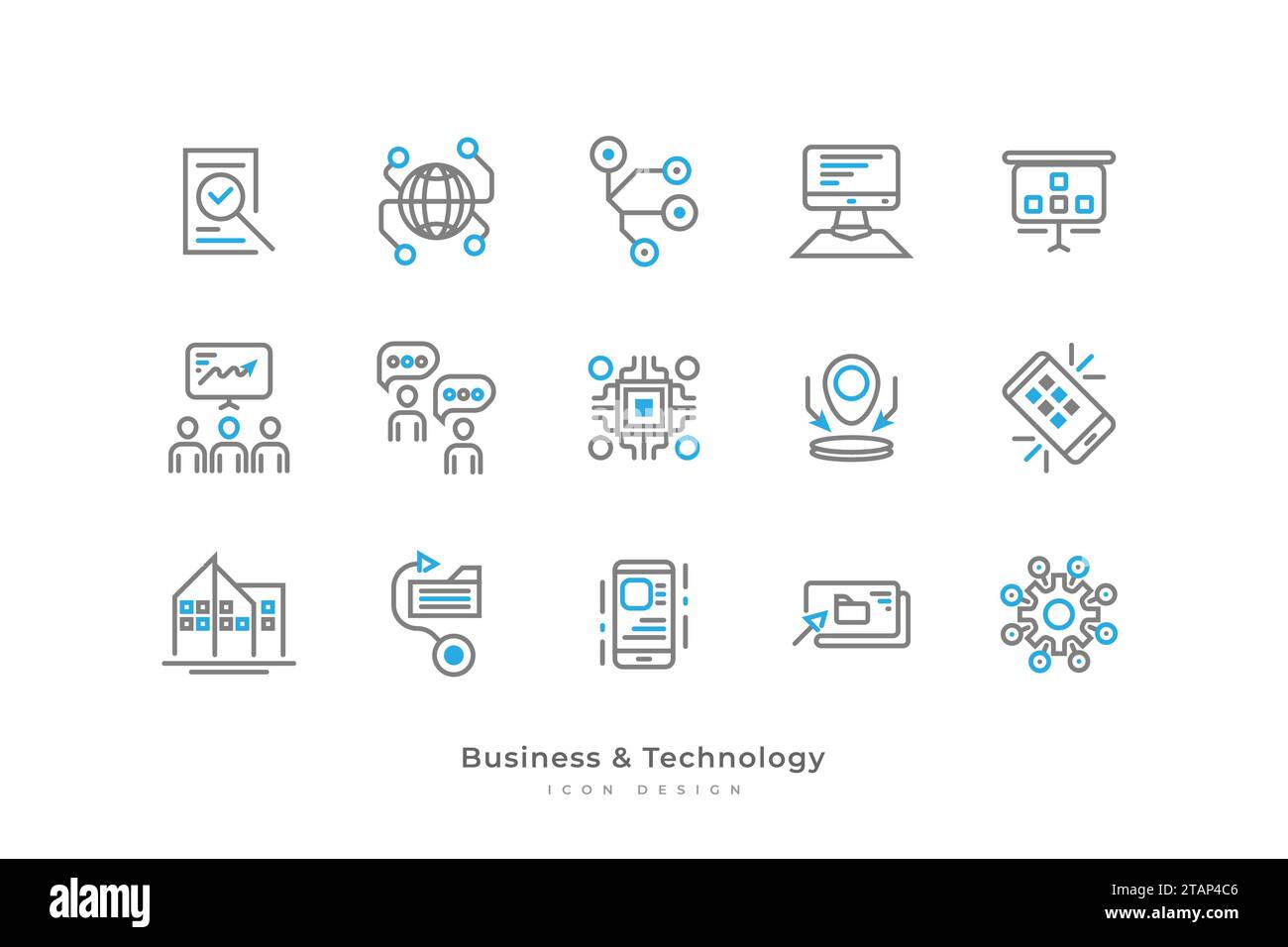 Set di icone aziendali e tecnologiche con stile linea semplice. Contiene computer, dati, connessione, Comunità, Microchip, smartphone, Configurazione e. Illustrazione Vettoriale