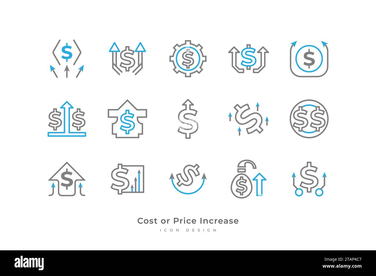 Set di icone di aumento di costo o prezzo con stile linea semplice. Illustrazione aziendale e finanziaria. Aumento del tasso di cambio. Icona della crescita degli investimenti Illustrazione Vettoriale