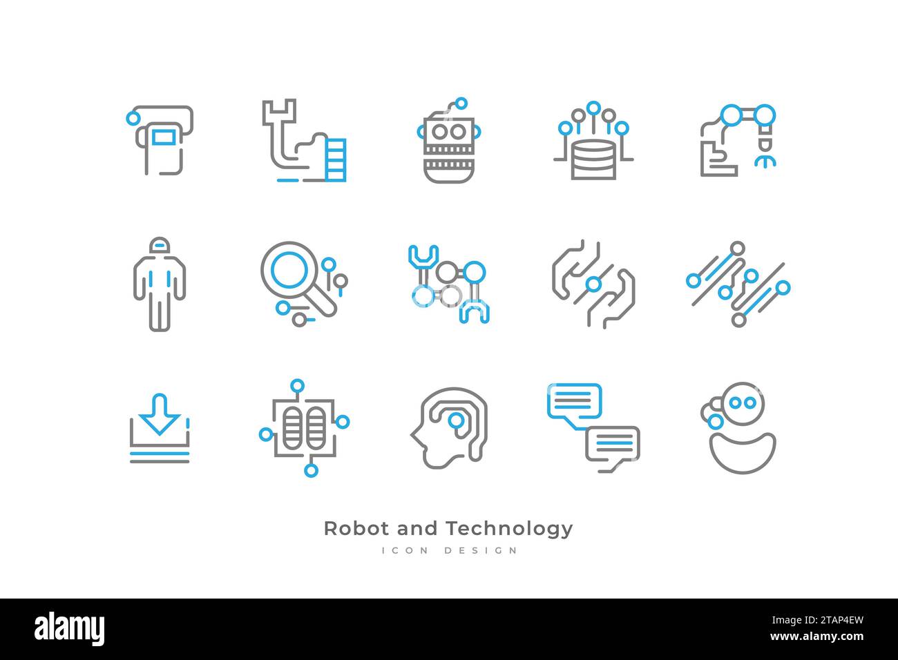 Set di icone robot e tecnologia con stile linea semplice. Contiene robot, connessione, dati, rete, intelligenza artificiale e altro ancora Illustrazione Vettoriale