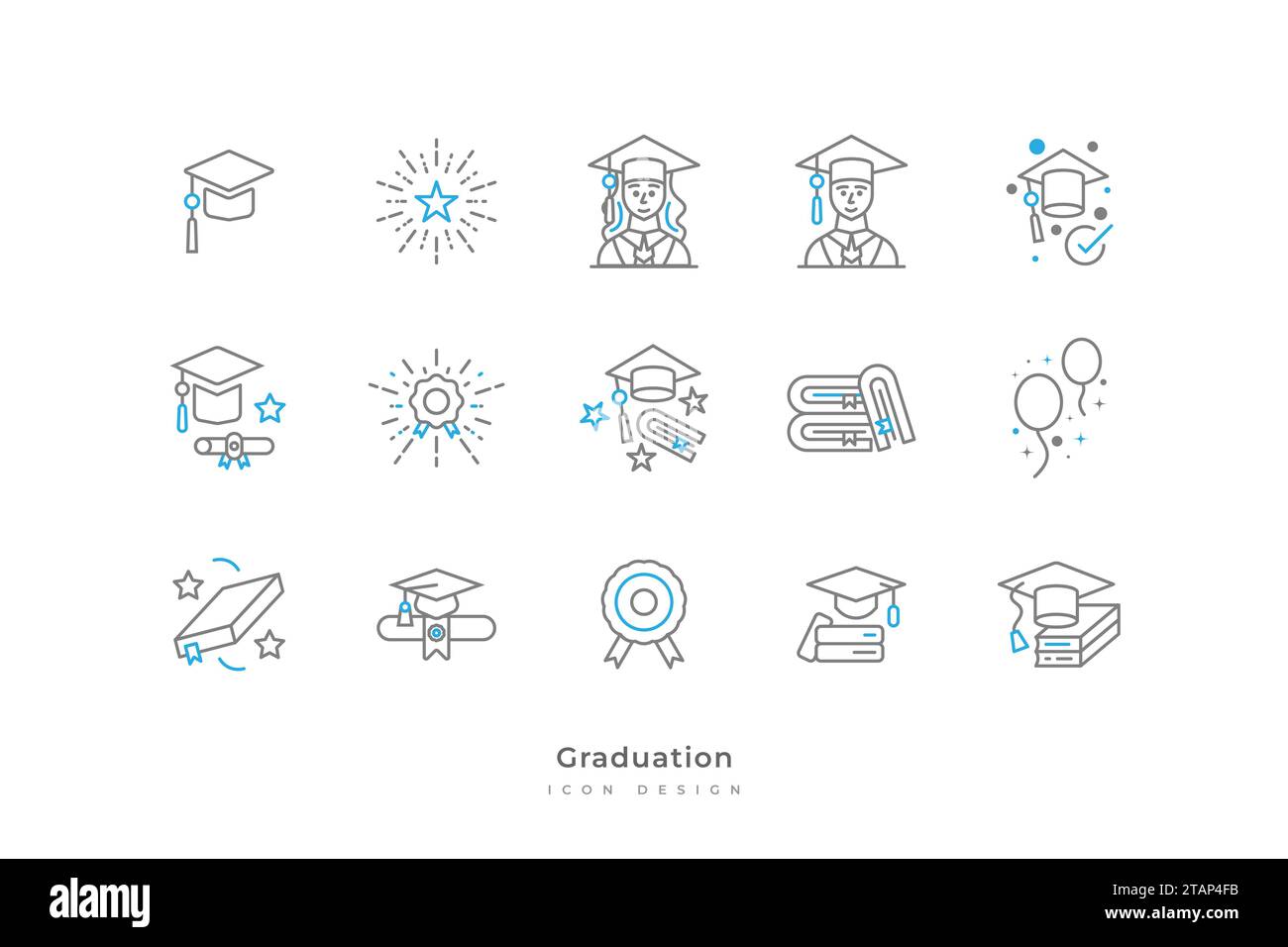 Graduation Icon Collection con linea semplice e minimalista. Contiene cappuccio di graduazione, Toga, scorrimento, certificato, libro, Medal, e molto altro Illustrazione Vettoriale