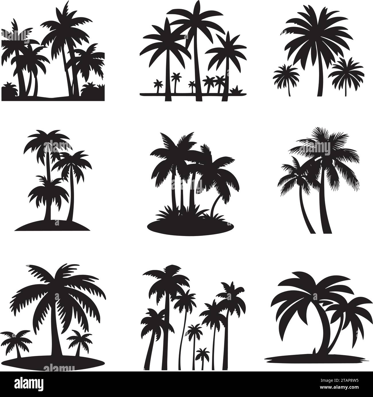 Immagine dell'icona della silhouette dell'albero delle palme in nero su sfondo bianco Illustrazione Vettoriale