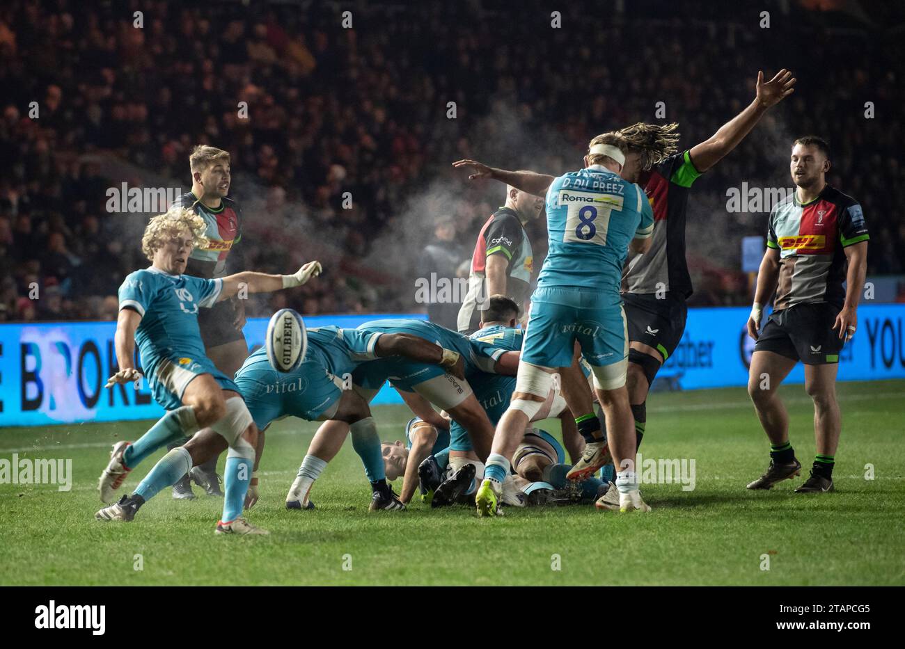 Sale Sharks Gus Warr in azione durante The Harlequins V sale Sharks, Gallagher Premiership, Rugby, Twickenham Stoop, Londra, Regno Unito il 1° dicembre 2023. Foto di Gary Mitchell/Alamy Live News Foto Stock