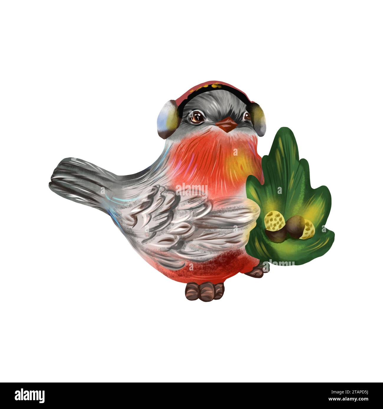 Bullfinch con un ramo e coni dorati. Illustrazione uccello isolata su sfondo bianco. Biglietti d'auguri, volantini di Capodanno, adesivi natalizi, copertine. Foto Stock