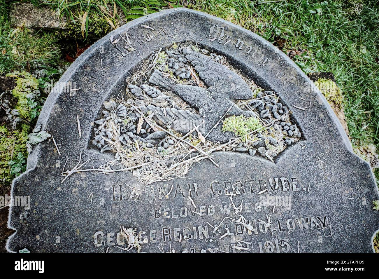 Ghiaccio su una lapide vittoriana in un vecchio cimitero di Cardiff, Galles. Inverno. Evocativo, triste, lutto, gotico, morte, aldilà. Concetti. Foto Stock