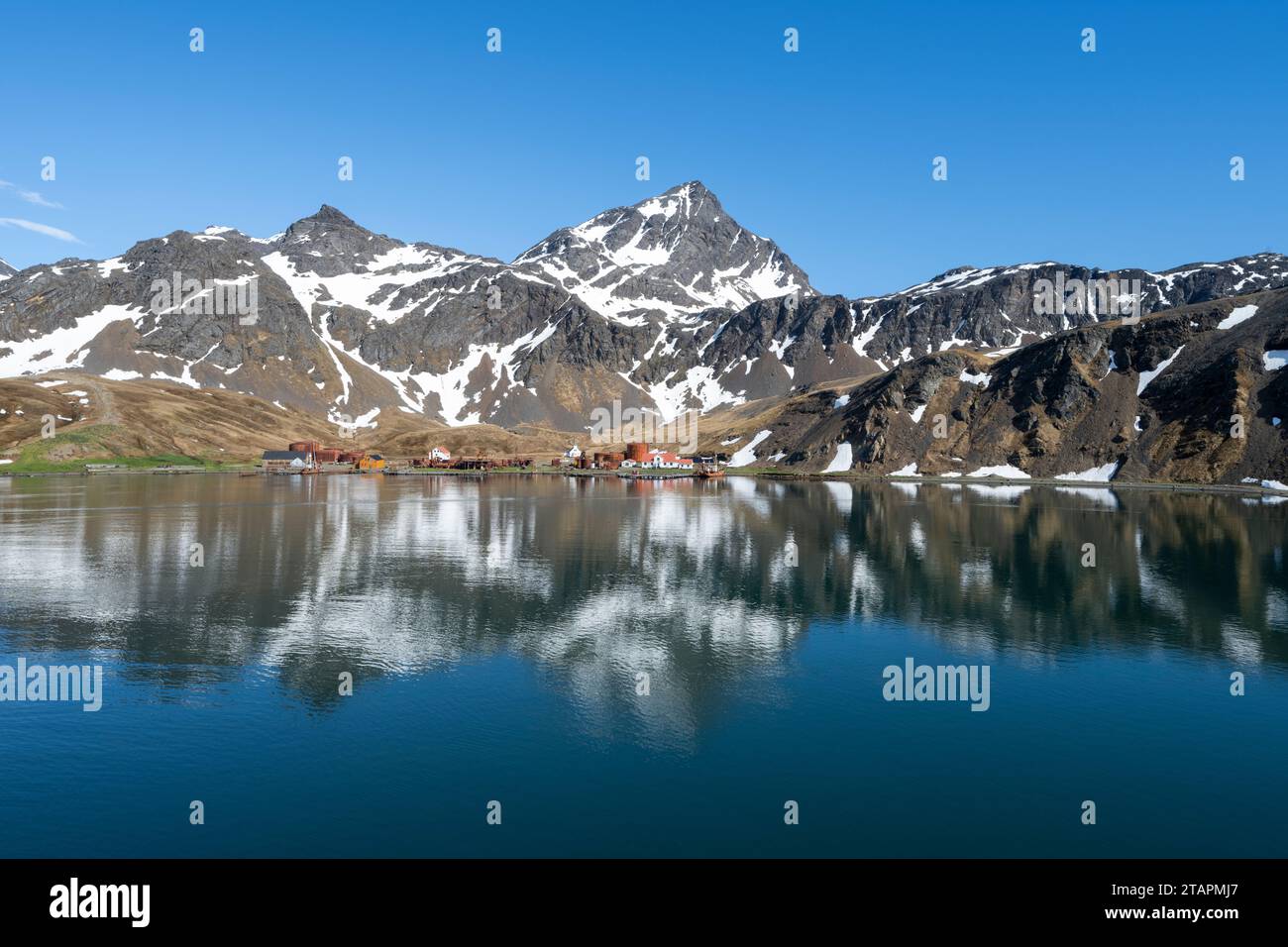 Georgia del Sud, Grytviken. Vista panoramica della costa dello storico villaggio baleniero di Grytviken in una giornata tranquilla. Foto Stock