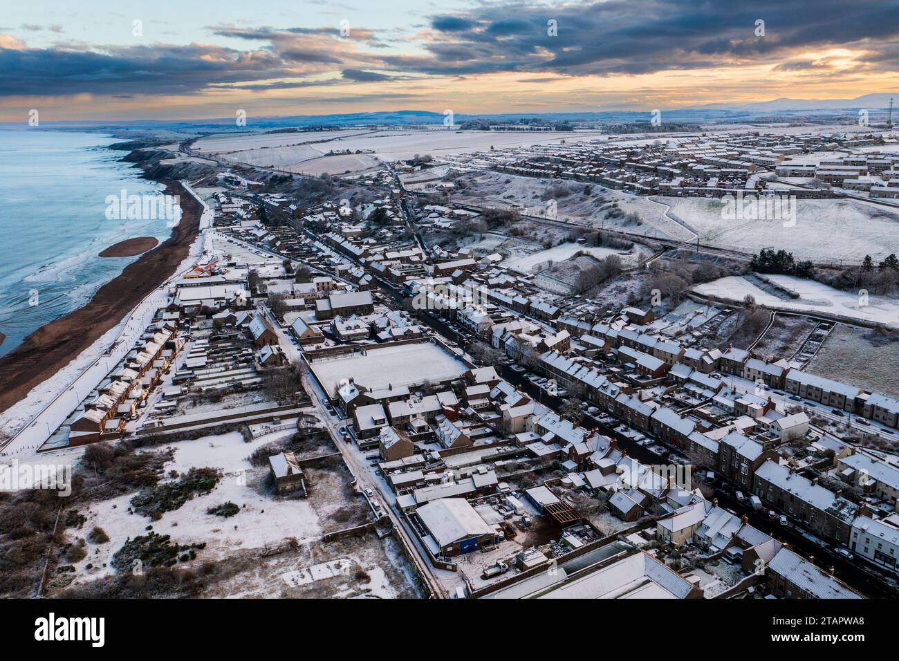Spital vicino a Berwick upon Tweed sulla costa nord-orientale dell'Inghilterra, con una copertura di neve. Foto Stock
