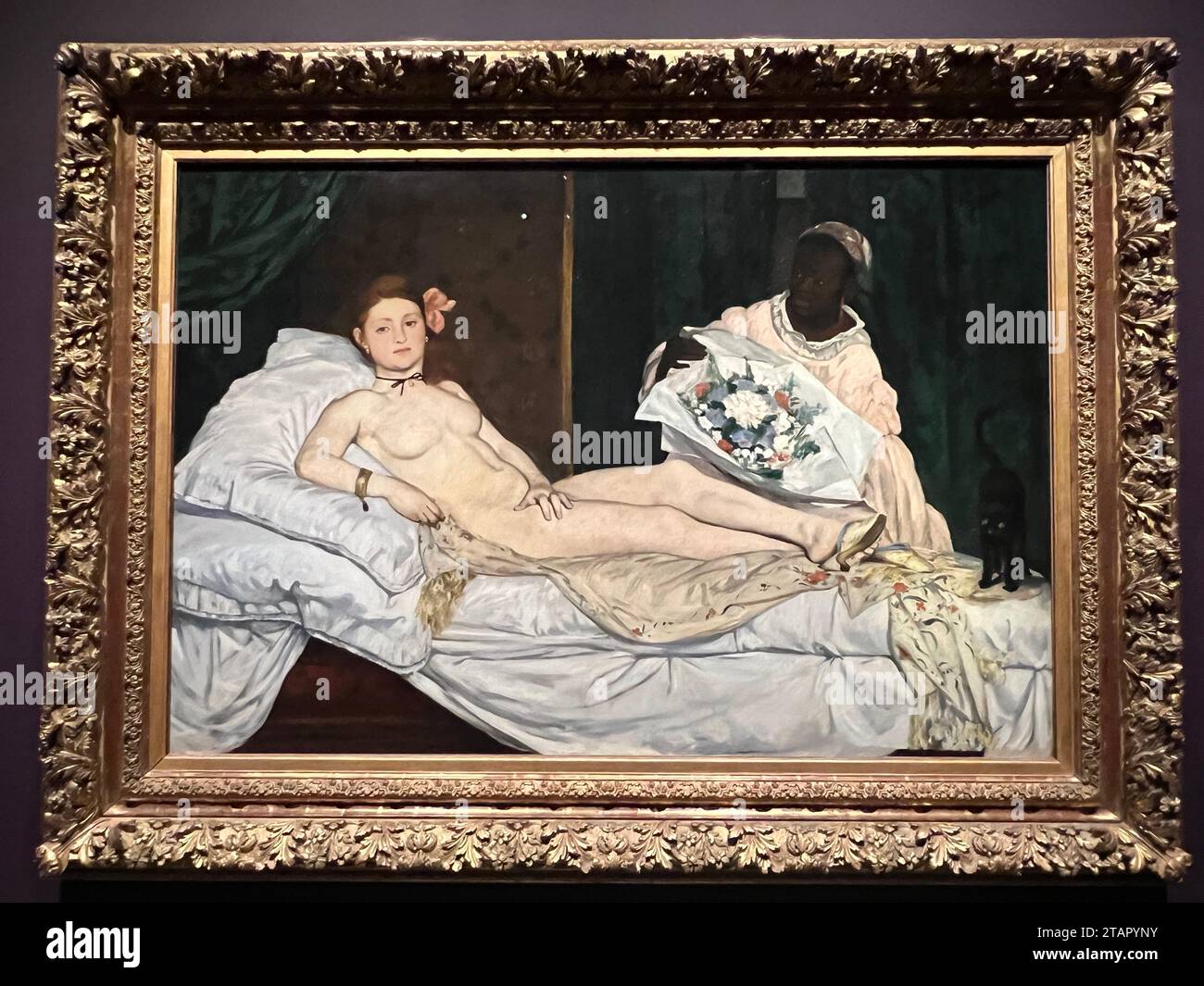 Visitatori alla mostra Manet/Degas al Metropolitan Museum of Art di New York City. "Olympia" di Édouard Manet, 1863 Édouard Manet è un famoso pittore francese della seconda metà del XIX secolo. A volte considerato come il padre dell'impressionismo, Manet non rientra davvero in questa categoria. Scelse soggetti contemporanei, raffiguranti la vita parigina del XIX secolo, proprio come fecero altri impressionisti. Foto Stock