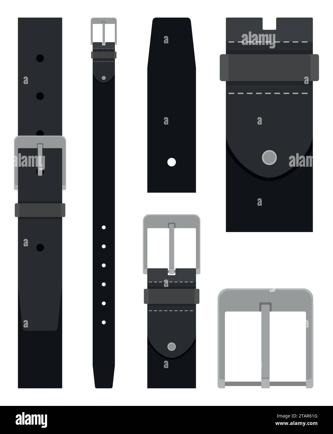 Cintura in pelle nera con fibbia isolata su sfondo bianco. Elemento del design dell'abbigliamento. Pantaloni da cintura in stile piatto. Illustrazione vettoriale Illustrazione Vettoriale