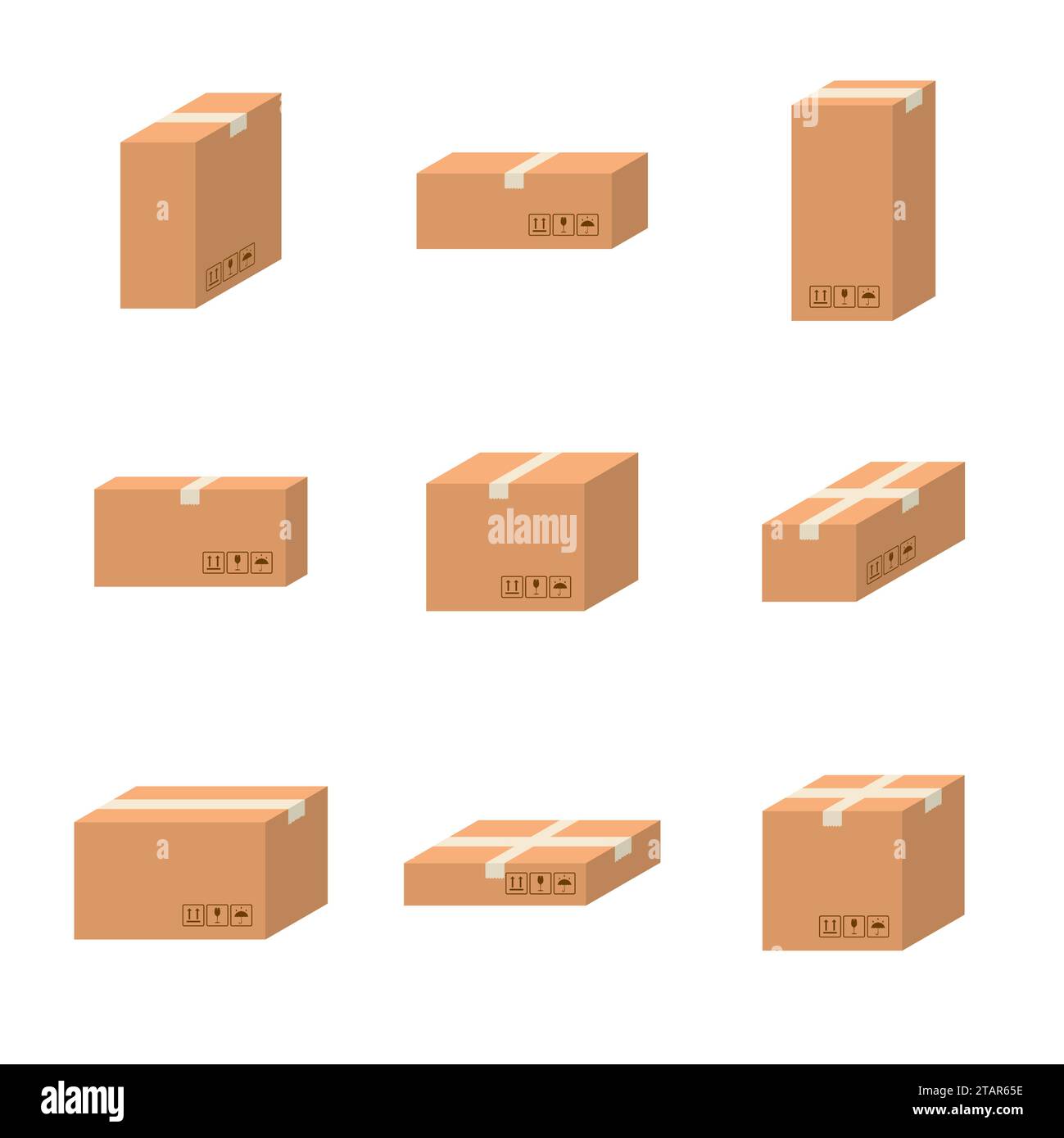 Impostare scatole di cartone di consegna di dimensioni diverse vettore di cartone isolato su sfondo bianco. Scatole di cartone con icone di imballaggio per la movimentazione. Illustrazione Vettoriale