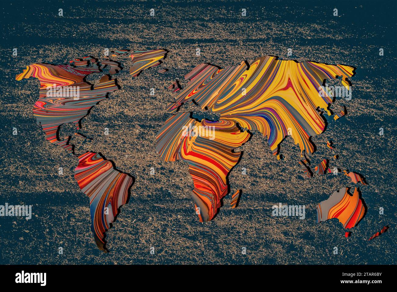 Circa delineato mappa del mondo con una colorata motivi di sfondo Foto Stock