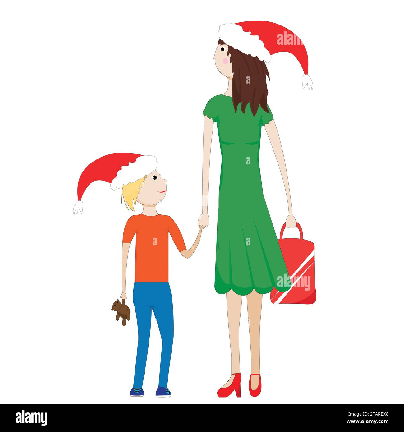 Madre e bambino che si tengono per mano indossando cappelli di Babbo Natale; illustrazioni isolate di madre e bambino; che si tengono per mano e indossano cappelli di Babbo Natale Illustrazione Vettoriale