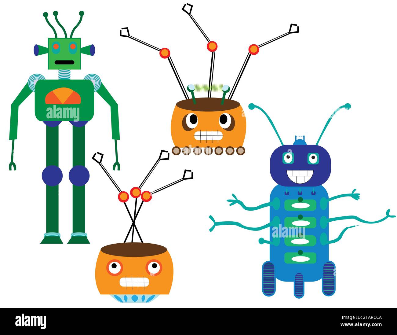 Robot ha isolato i personaggi per vari tipi di utilizzo; design di robot furbi, tecnologia cartoonata Illustrazione Vettoriale