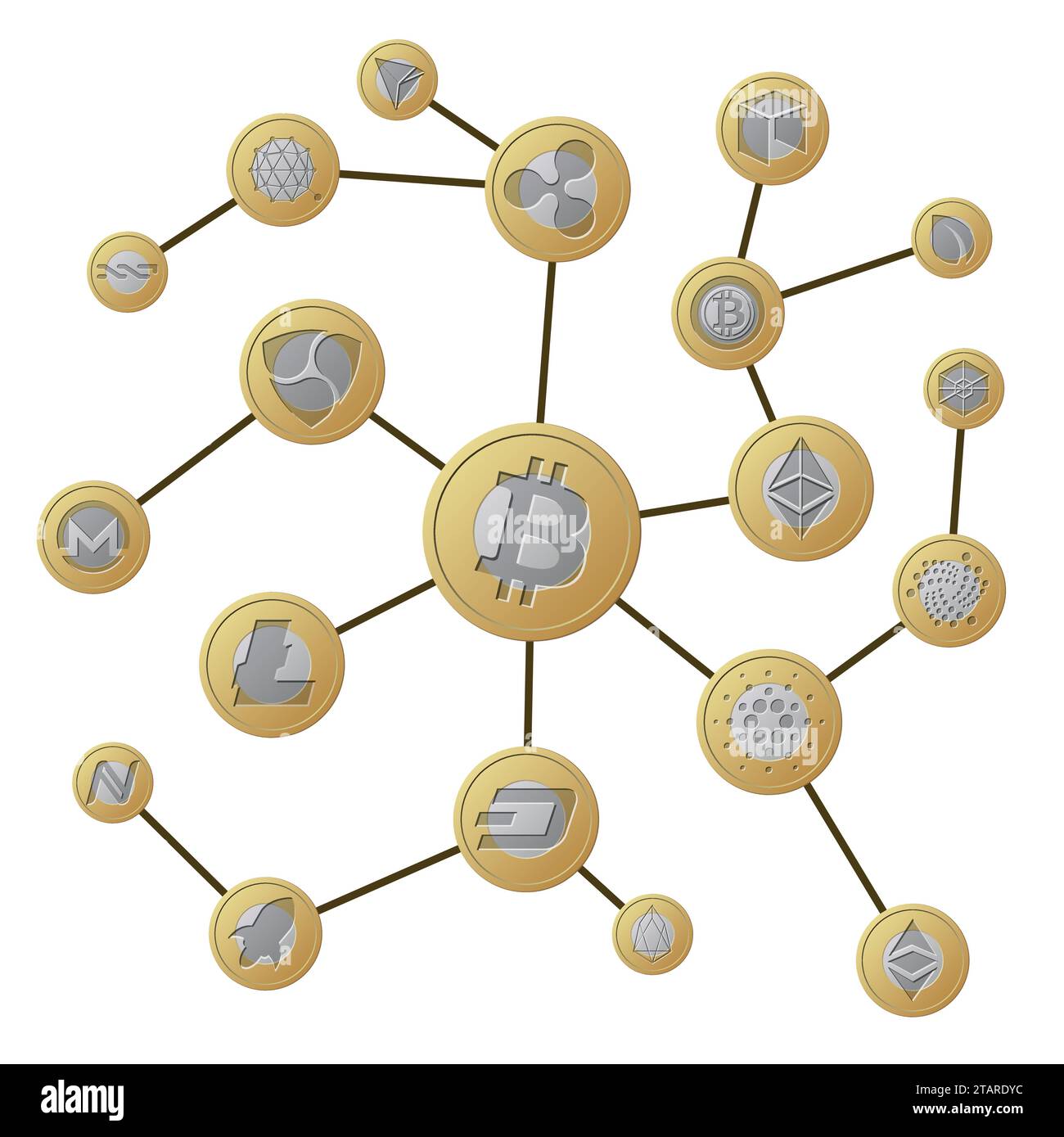 Blockchain. Concetto di transazione Internet criptovaluta. Monete in oro argento criptovaluta. Illustrazione vettoriale della criptovaluta delle transazioni di processo Illustrazione Vettoriale