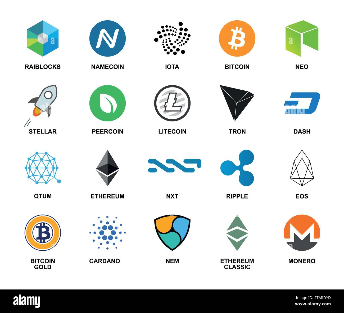 Icona della criptovaluta, set grande, logo piatto isolato su sfondo bianco. Principale raccolta di criptovalute blockchain per la rete di acquisto e trading. Illustrazione Vettoriale